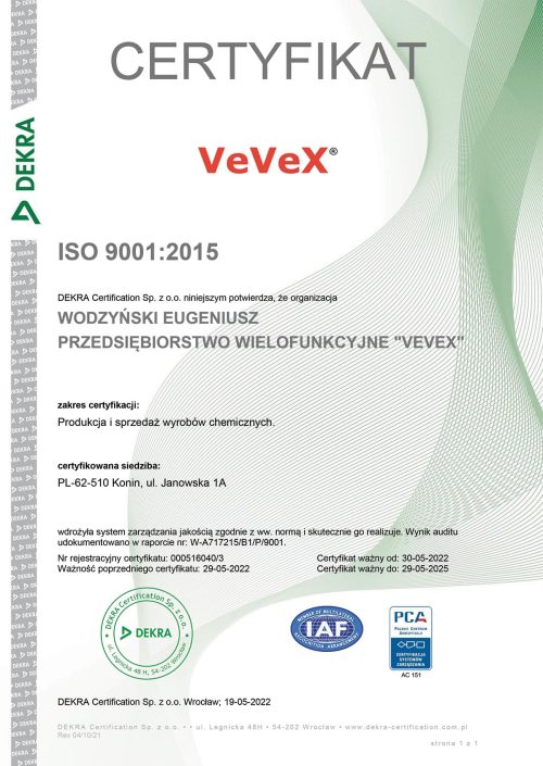 Certyfikat ISO VeVeX